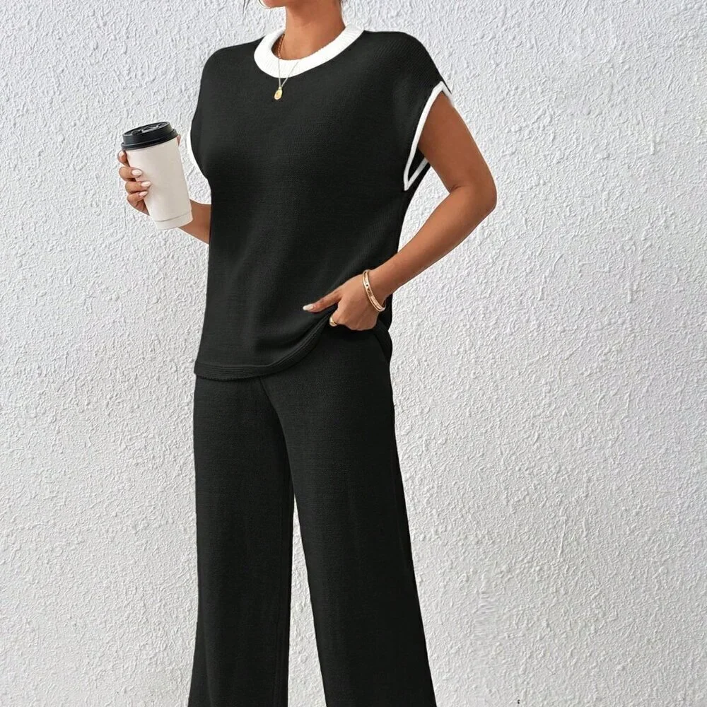 Black Preppy Women's Loose Knit Casual Contrast Trim Drawstring Sweater & Pants